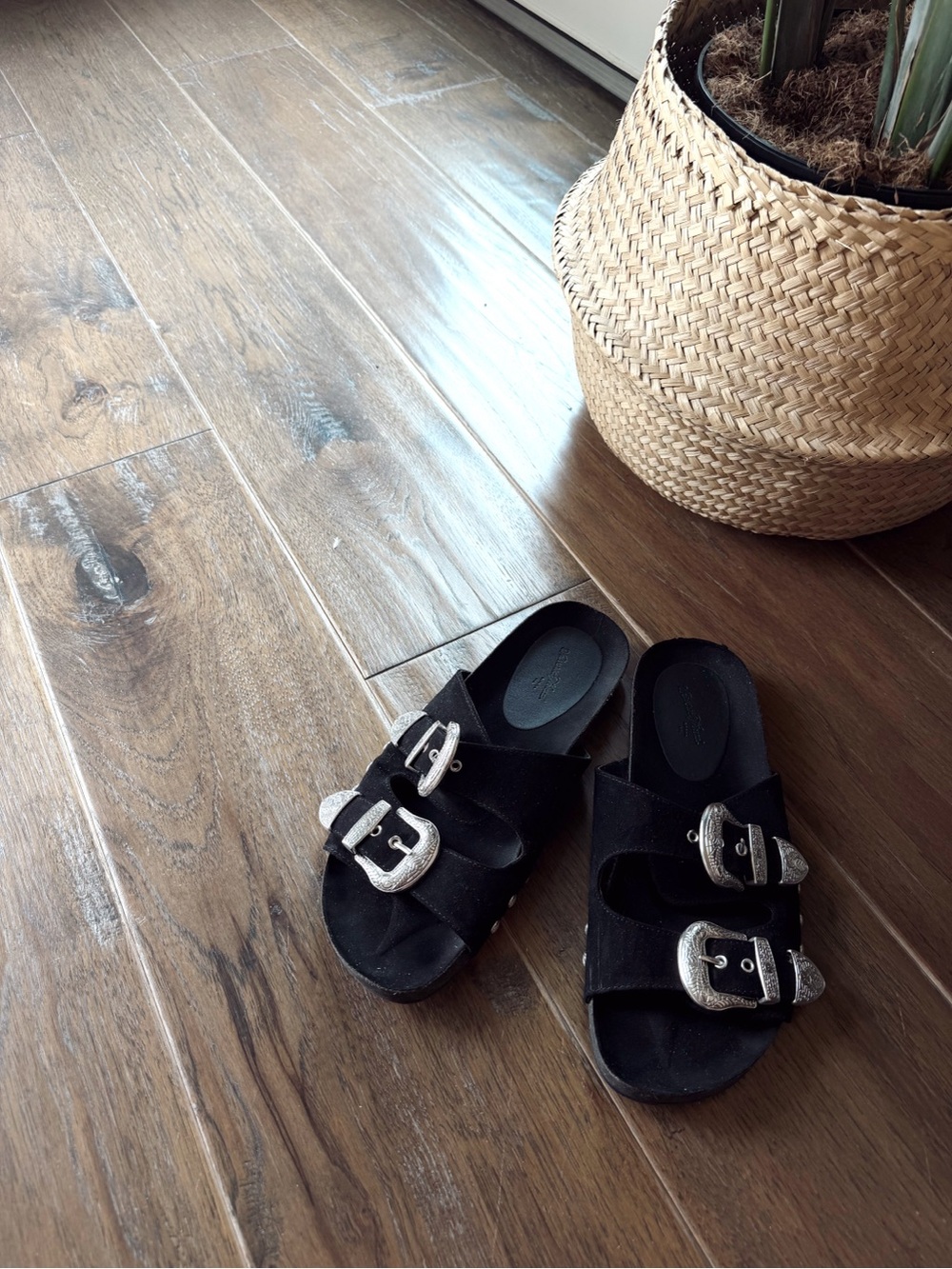 Western-inspired silver buckle sandals